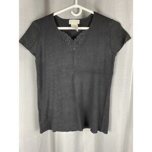 White Stag Women's Sz L Black Short Sleeve Ribbed Embroidered Stretchy Top